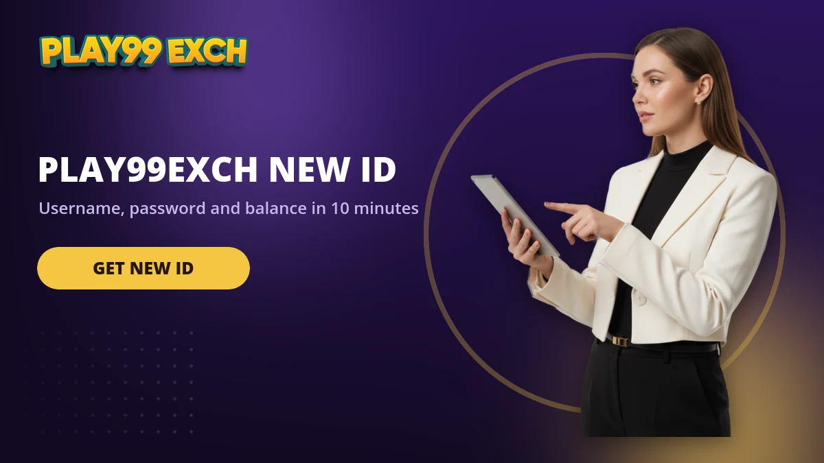 Play99Exch new ID banner showing a username, password and starting balance issued within ten minutes